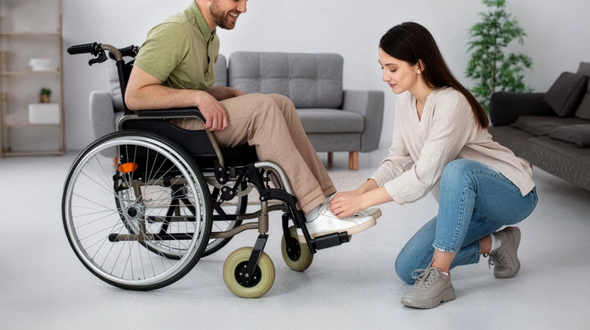 man in wheelchair with care person