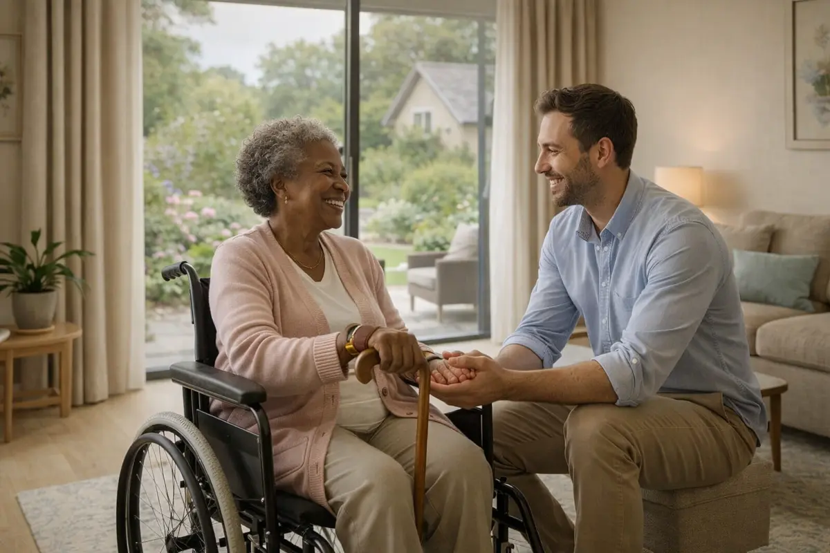 senior woman in wheel chair with a carer